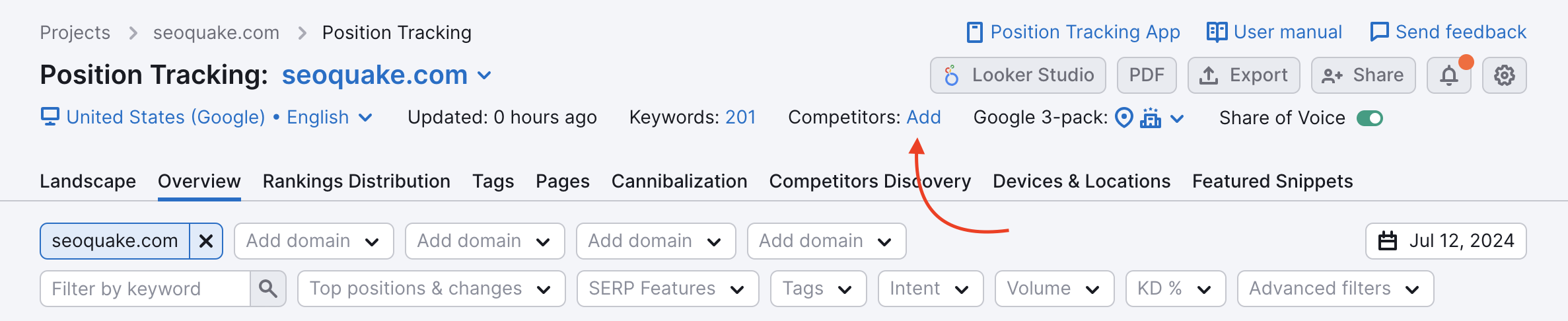 Position Tracking Landscape report. A red arrow is pointing at the Add option for Competitors.